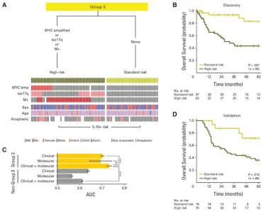 图4.第3组髓母细胞瘤患者的临床预后判断。(A)通过分子和临床预后标志物对第3组髓母细胞瘤进行风险分层。决策树,下方的事件图描绘了各风险组的分子和临床标志物状态。(B)第3组风险组的总生存曲线。(C)仅使用临床标志物、或仅使用分子标志物、或两者结合进行分层的风险组的平均时间依赖性曲线下面积(AUCs)。风险分层方案应用于第3组和非第3组髓母细胞瘤。*P<.001,采用Friedman秩和检验。(D)验证队列中第3组风险组的生存曲线。生存差异通过对数秩检验评估;风险比估计值源自Cox比例风险分析。Iso,等臂染色体。