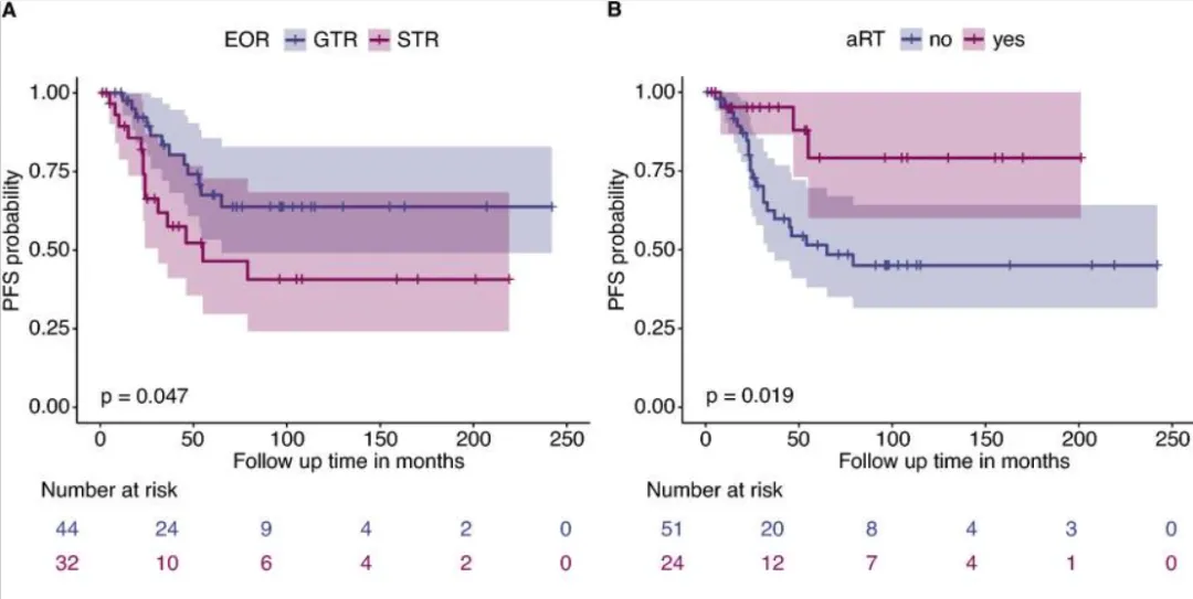 图A、B显示，切除率研究中，全切除无进展生存期高于次全切；辅助放疗相比辅助放疗，预后更好。