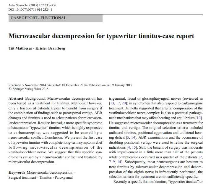 《Microvascular decompression for typewriter tinnitus-case report》（打字机样耳鸣微血管减压术治疗病例报告）