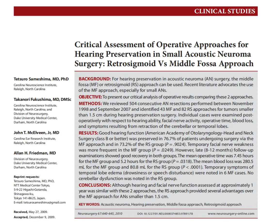 福岛孝德教授团队曾在《Neurosurgery》杂志发表了一篇对比听瘤手术中常见的2种手术入路的研究，回顾性分析了125例小型听神经瘤（<1.5cm）手术，直接对比了中颅窝入路和乙状窦后入路的在听力保护方面的效果。