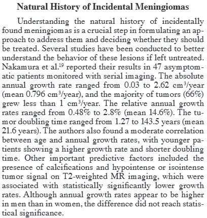 多项研究基于指数生长假设计算年生长率。Hashiba等对70例患者行肿瘤体积序列监测，37%无生长，44例生长肿瘤中16例呈指数生长、15例线性生长、13例不符合这两种模式。