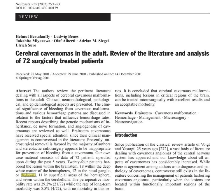 巴教授脑干海绵状血管瘤论文相关综述