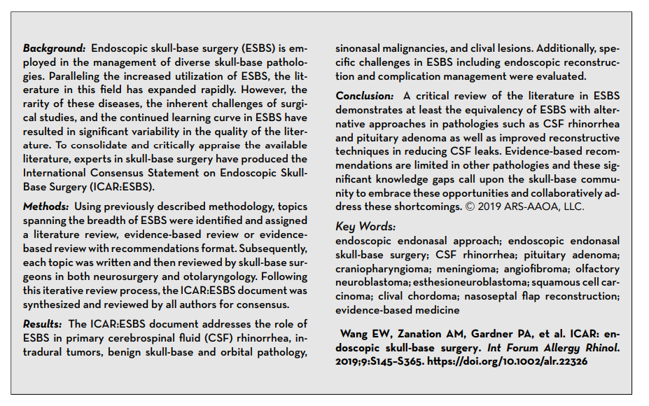 多名国际颅底外科专家共同制定了关于内镜颅底手术的国际共识声明（ICAR:ESBS）