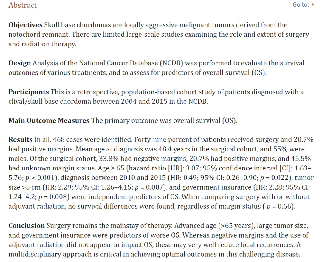 NCDB（美国国家癌症数据库）关于脊索瘤的一项研究《Original Article Impact of Treatment Modalities upon Survival Outcomes in Skull Base and Clival Chordoma: An NCDB Analysis Muhonen et al.》，内容阐述了脊索瘤治疗方式对颅底和斜坡脊索瘤生存结局的影响。