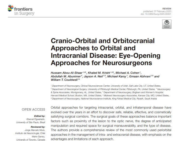 William T. Couldwell教授发表研究《Cranio-Orbital and Orbitocranial Approaches to Orbital and Intracranial Disease: Eye-Opening Approaches for Neurosurgeons 》