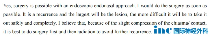 福洛里希教授表示可以采用经鼻内镜入路实施手术。建议尽快安排手术治疗。该病变为复发病灶，其体积越大，安全完整切除的难度越高。考虑到病变已对视交叉造成轻度接触或压迫，建议优先采取手术治疗，术后辅以放射治疗，以降低再次复发的风险。