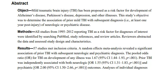 创伤性脑损伤与后续神经精神疾病风险的荟萃分析