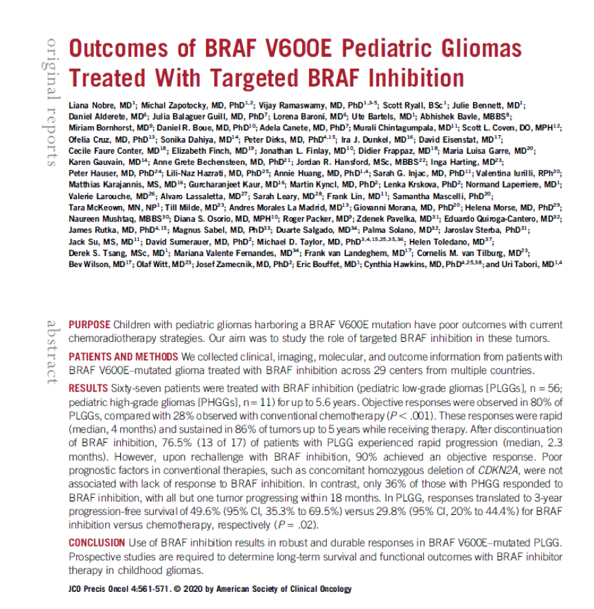 在第18届儿童神经肿瘤学国际研讨会(ISPNO)上，James T. Rutka教授曾发表“靶向BRAF抑制治疗BRAF V600E儿童胶质瘤的疗效”研究成果，为后续BRAF V600突变胶质瘤的治疗及预后提供参考。