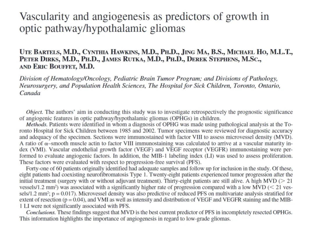 INC旗下世界神经外科顾问团成员James T. Rutka教授曾发表了一篇名为《Vascularity and angiogenesis as predictors of growth in optic pathway/hypothalamic gliomas》的研究，为破解这一困境提供了重要答案 —— 微血管密度（MVD）可作为预测肿瘤进展的核心指标。