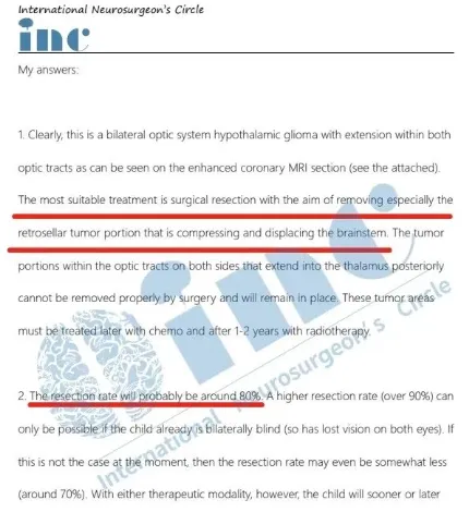 为尽可能地保全原有视力、最快解除巨大占位效应,应该手术切除肿瘤;切除率可能在80%,只有双侧失明的儿童才有可能获得90%以上的切除率。