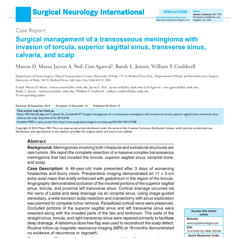 《Surgical management of a transosseous meningioma with invasion of torcula, superior sagittal sinus, transverse sinus, calvaria, and scalp 》