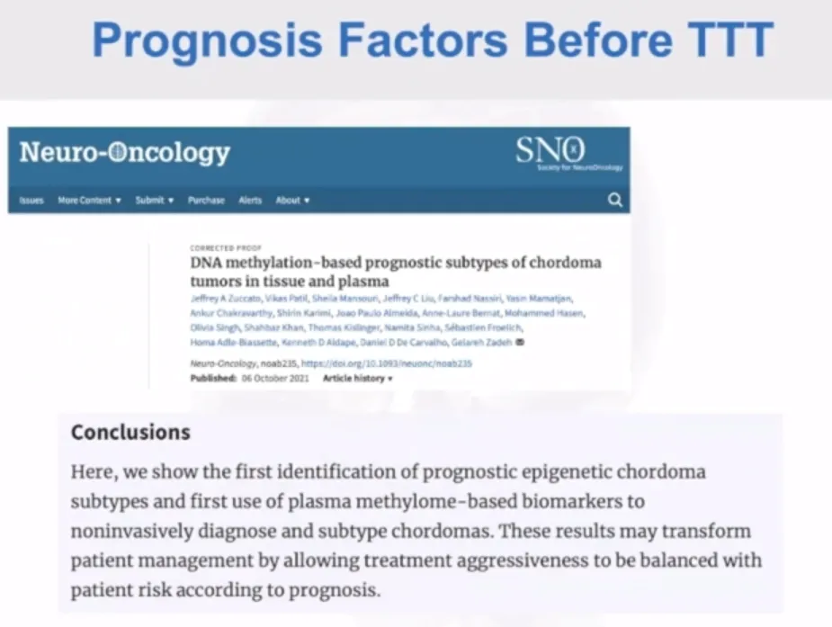 DNA甲基化也与脊索瘤的预后也有比较明确的关系。这是一种尝试在术前和治疗之前去定义脊索瘤进展速度的方法。