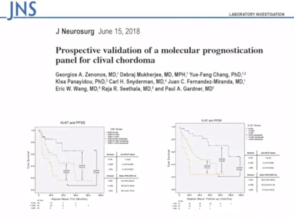 另外一篇发表的去检测一些标记物，1p36和9p21把脊索瘤分为三组，是以及不同的切除程度去进行分组。