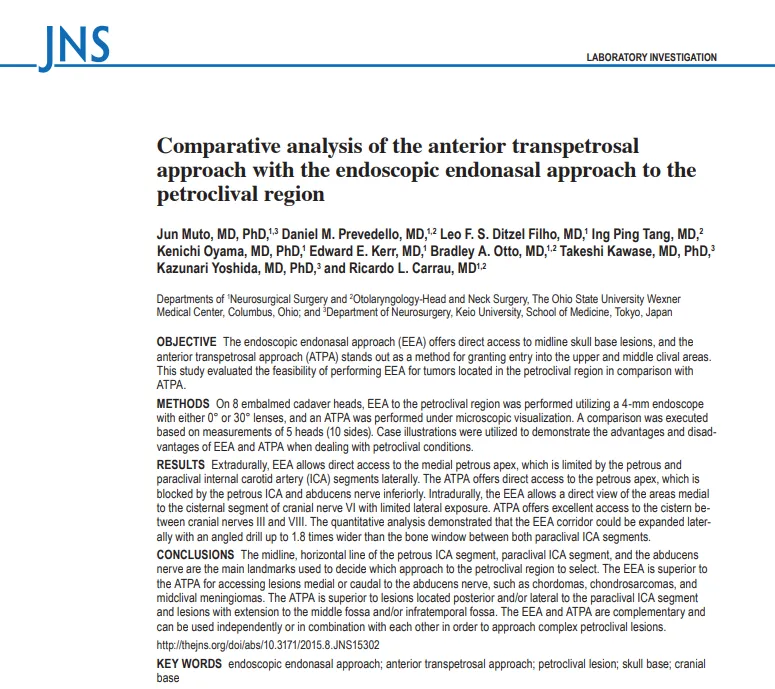 《Comparative analysis of the anterior transpetrosal approach with theendoscopic endonasal approach to the petroclival region》
