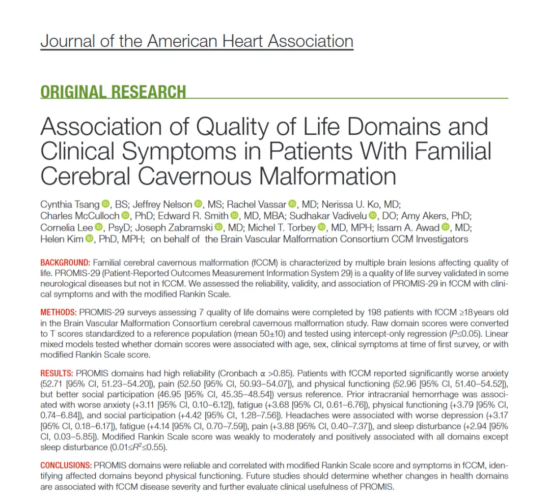 Association of Quality of Life Domains and Clinical Symptoms in Patients With Familial Cerebral Cavernous Malformation