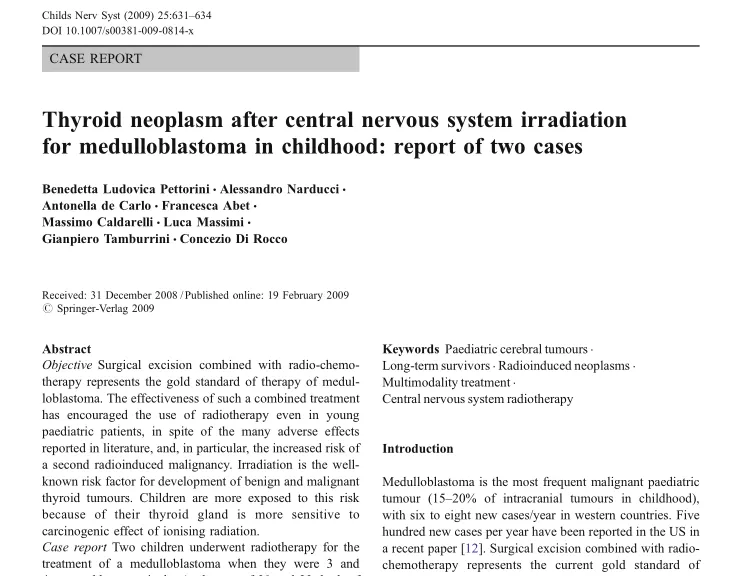 Thyroid neoplasm after central nervous system irradiation for medulloblastoma in childhood: report of two cases