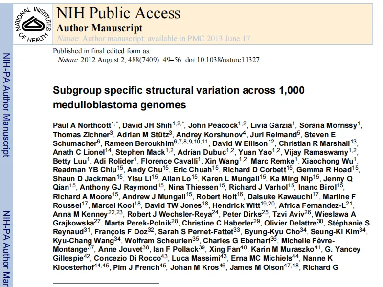 对1000余例髓母细胞瘤基因组进行亚组特异性结构变异分析