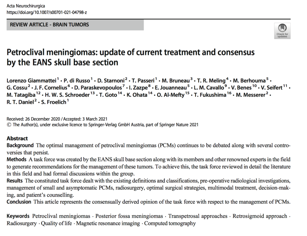 Petroclival meningiomas: update of current treatment and consensus by the EANS skull base section