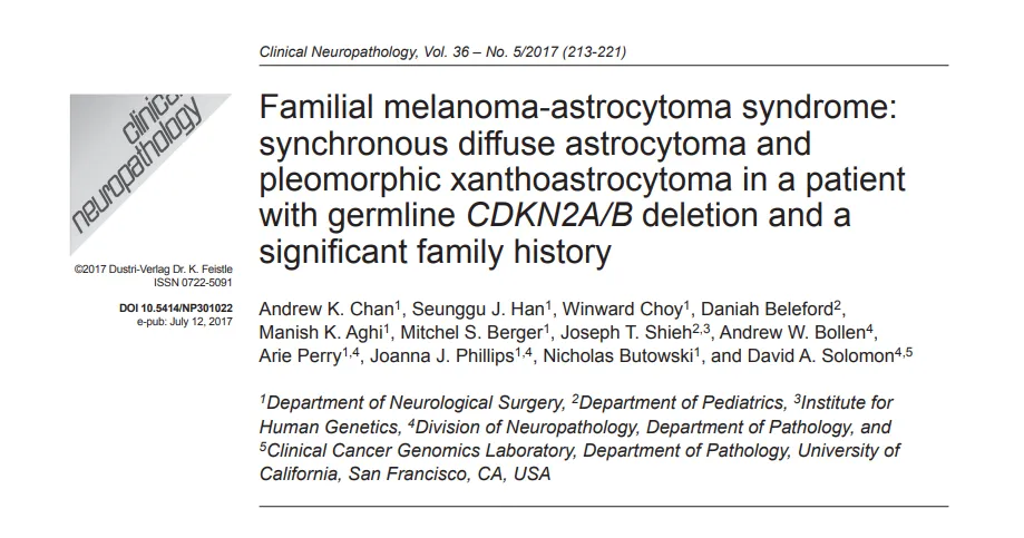 《Familial melanoma-astrocytoma syndrome: synchronous diffuse astrocytoma and pleomorphic xanthoastrocytoma in a patient with germline CDKN2A/B deletion and a significant family history》