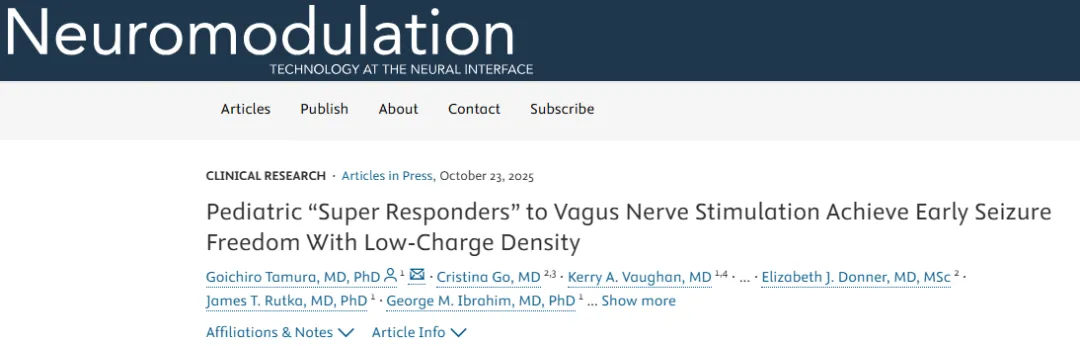 儿童迷走神经刺激"超级应答者"以低电荷密度实现早期癫痫发作的完全消失