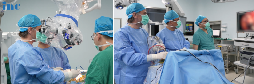 一台复杂脊索瘤手术中，福洛里希教授同时使用了显微镜和内窥镜两种工具