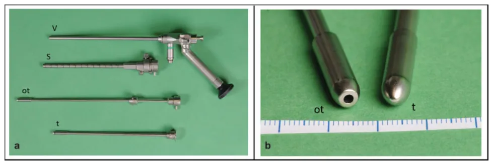 (a) LOTTA脑室镜系统及其组件，包括脑室镜、内镜鞘、套管针和光学套管针。 (b) 光学套管针带有可置入1.2毫米0度柱状镜内镜的通道。缩写：ot，光学套管针；S，内镜鞘；t，套管针；V，脑室镜。