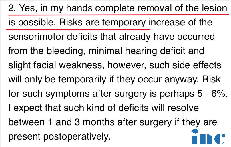 我可以为患者完全安全切除病灶。风险是已经由出血引起的感觉运动缺陷的暂时性的，轻微的听力缺陷和轻微的面部无力，然而，这些副作用无论如何都只是暂时的。手术后出现这种症状的风险可能是5 - 6%，如果确定是术后出现的，那这种缺陷在手术后1 - 3个月内得到解决