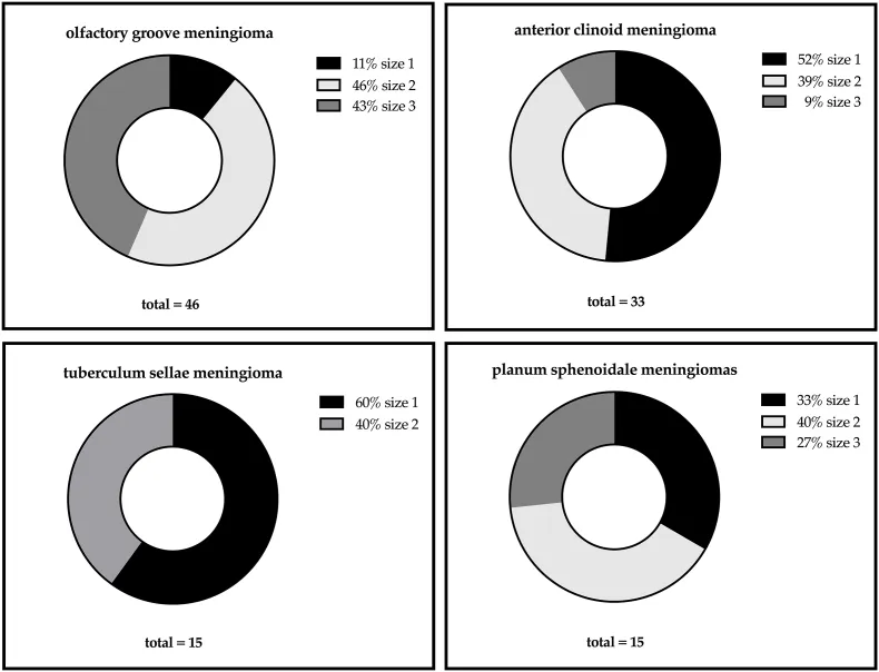 根据肿瘤位置划分大小组：脑膜瘤按来源排列的饼图，按轴向钆增强T1加权MRI上最大直径分为三组：1组：0–30毫米；2组：30–50毫米，3组>50毫米。