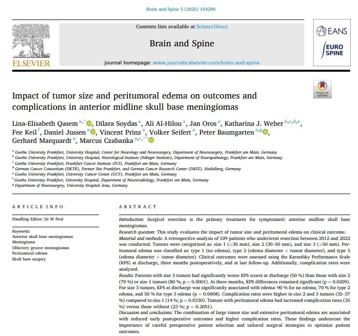 《Impact of tumor size and peritumoral edema on outcomes and complications in anterior midline skull base meningiomas》