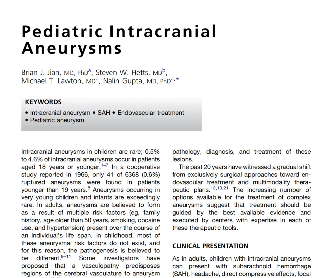 Pediatric Intracranial Aneurysms
