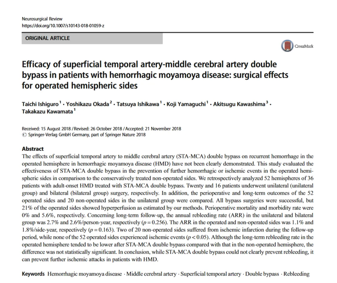 血管搭桥手术是主要治疗手段，但颞浅动脉–大脑中动脉双旁路术到能否有效预防下一次灾难性的出血呢？