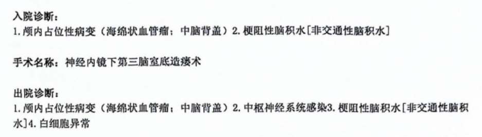 入院诊断:  1.颅内占位性病变(海绵状血管瘤;中脑背盖)2.梗阻性脑积水[非交通性脑积水]  手术名称:神经内镜下第三脑室底造瘘术  出院诊断:  1.颅内占位性病变(海绵状血管瘤;中脑背盖)2.中枢神经系统感染3.梗阻性脑积水[非交通性脑积水]4.白细胞异常