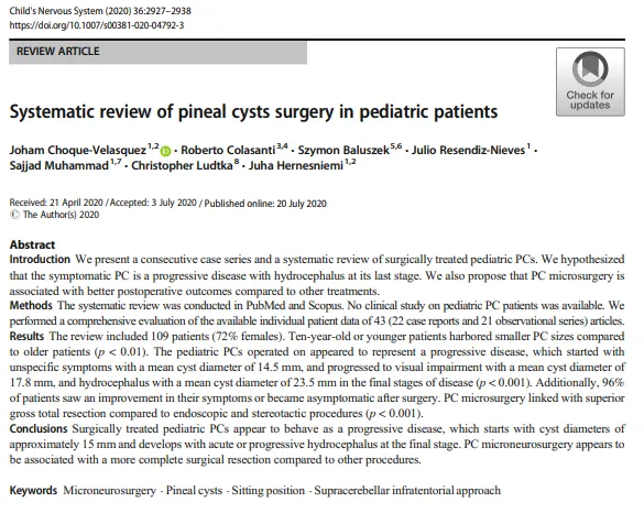 Systematic review of pineal cysts surgery in pediatric patients