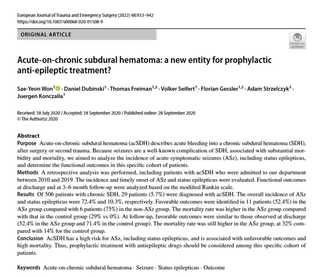 Acute-on-chronic subdural hematoma: a new entity for prophylactic anti-epileptic treatment?