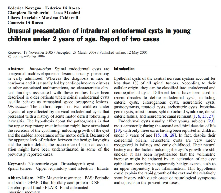 Unusual presentation of intradural endodermal cysts in young children under 2 years of age. Report of two cases