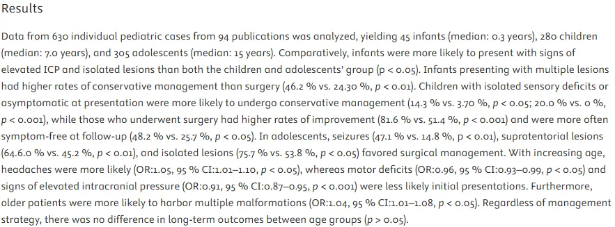 （1）婴儿更可能出现颅内压升高的迹象和单发病灶。 （2）年龄小的患儿更可能出现颅内压升高和感觉缺损的迹象。 （3）头痛在年龄大的患儿中更为常见。 （4）年龄小的患儿更容易是单发病灶，而年龄大的患儿更容易出现多发病灶。