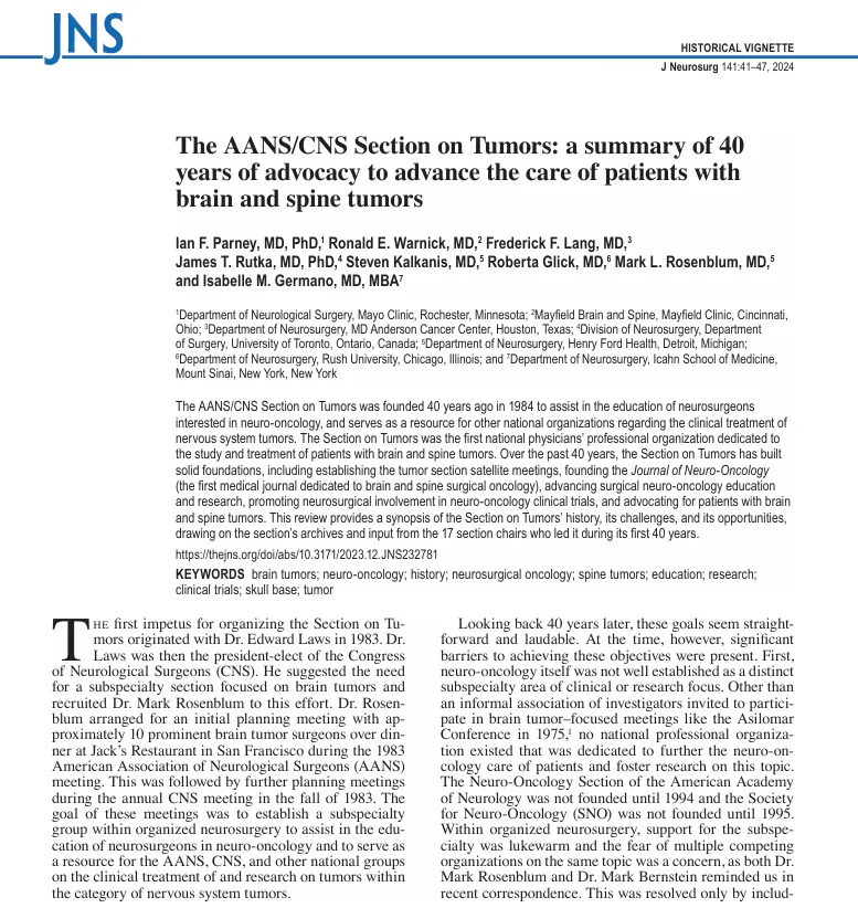 AANS/CNS 肿瘤学组：推动脑和脊柱肿瘤患者护理 40 年倡导历程综述