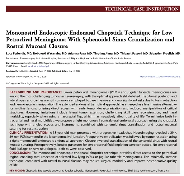 《Mononostril Endoscopic Endonasal Chopstick Technique for Low Petroclival Meningioma With Sphenoidal Sinus Cranialization and Rostral Mucosal Closure》