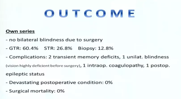 巴教授对视路胶质瘤的手术预后情况为：60.4%肿瘤全切除，26.8%肿瘤次全切除，活检12.8%。