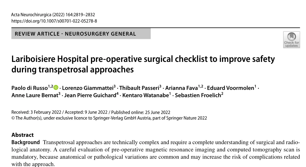 《Lariboisiere Hospital pre‑operative surgical checklist to improve safety during transpetrosal approaches / Lariboisière 医院用于提高经岩骨入路安全性的术前手术核查表》