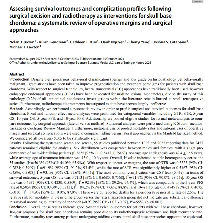 Assessing survival outcomes and complication profiles following surgical excision and radiotherapy as interventions for skull base chordoma: a systematic review of operative margins and surgical approaches