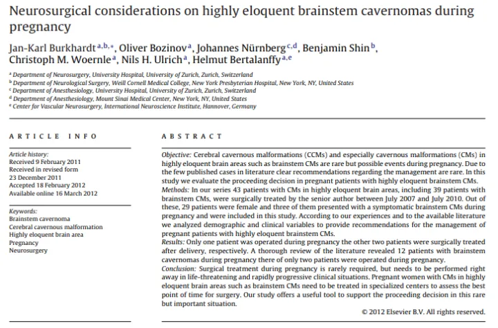 《Neurosurgical considerations on highly eloquent brainstem cavernomas during pregnancy》