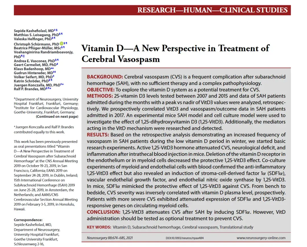 《Vitamin D—A New Perspective in Treatment of Cerebral Vasospasm》