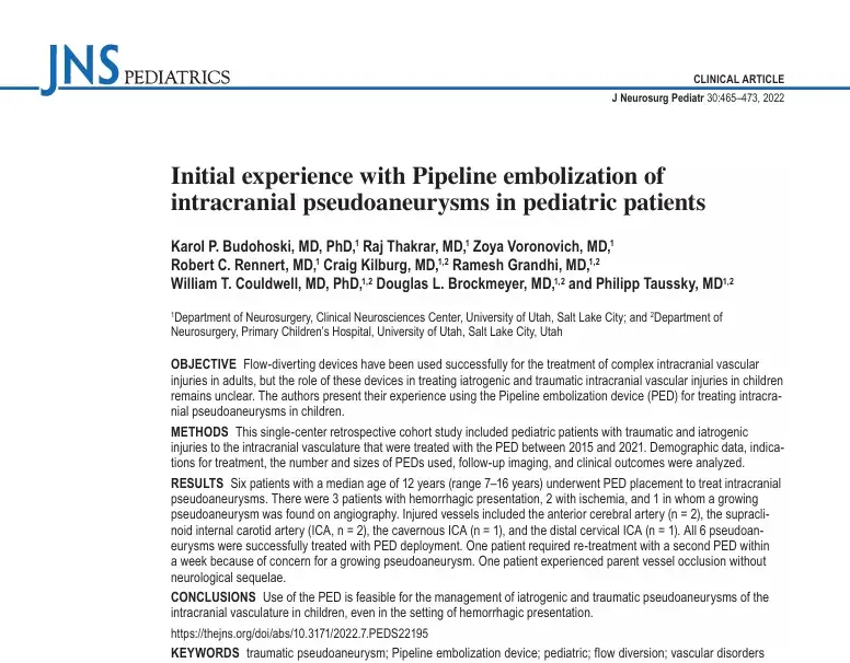 Initial experience with Pipeline embolization of intracranial pseudoaneurysms in pediatric patients