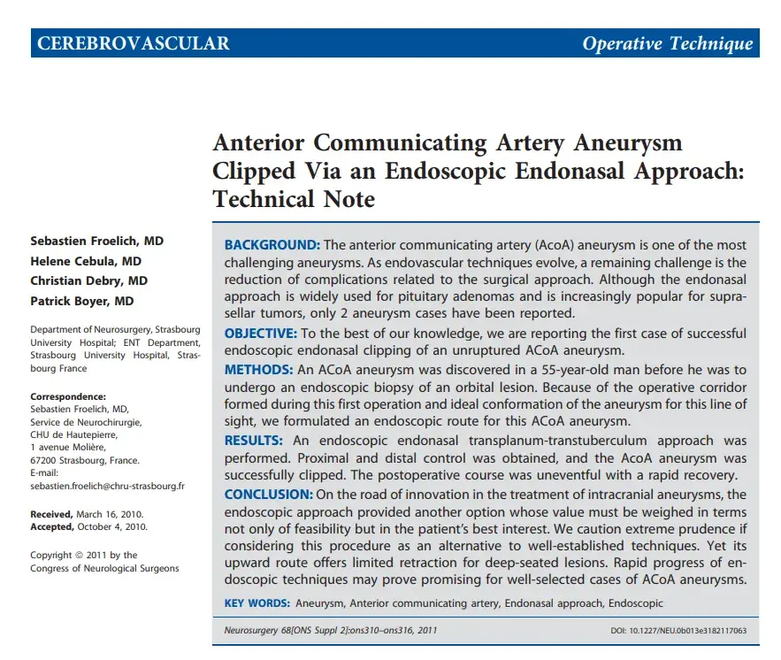 Anterior Communicating Artery Aneurysm Clipped Via an Endoscopic Endonasal Approach:Technical Note