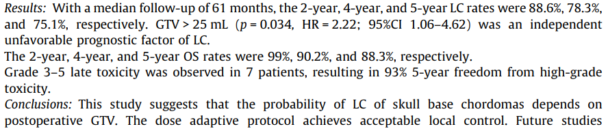 Proton beam therapy for skull base chordomas in 106 patients: A dose adaptive radiation protocol