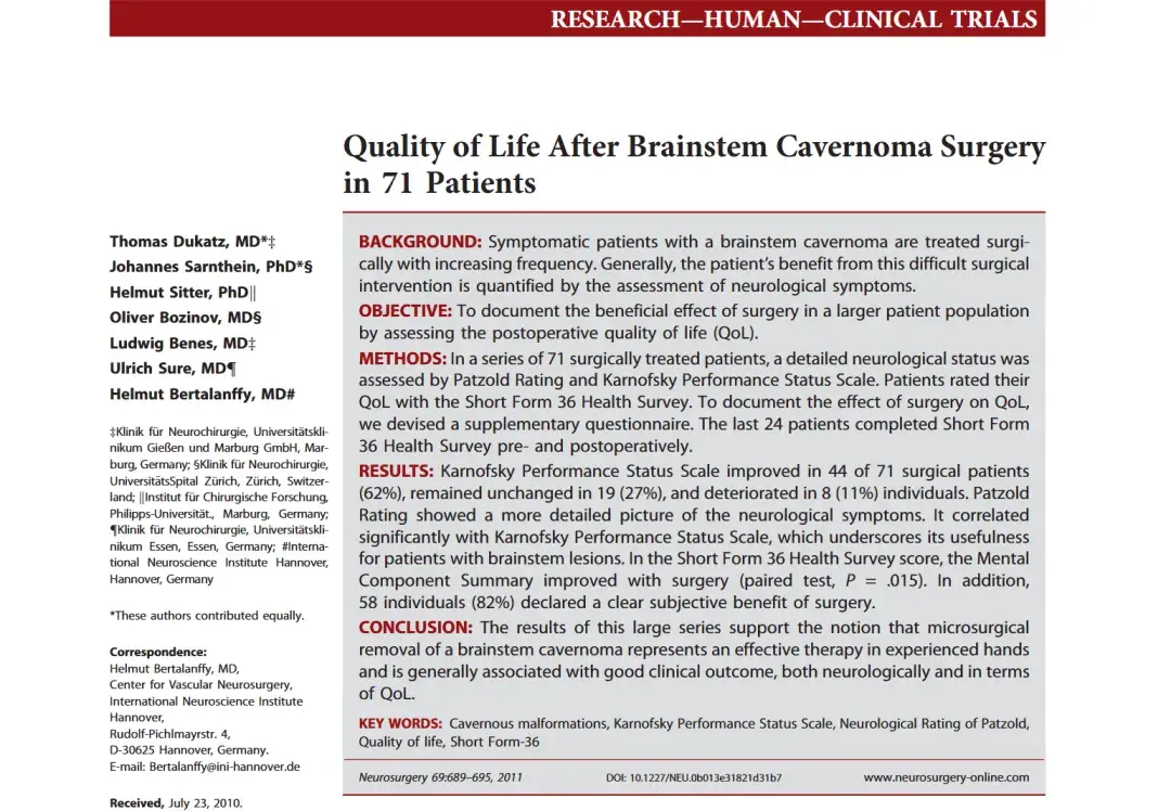 Quality of Life After Brainstem Cavernoma Surgery in 71 Patients