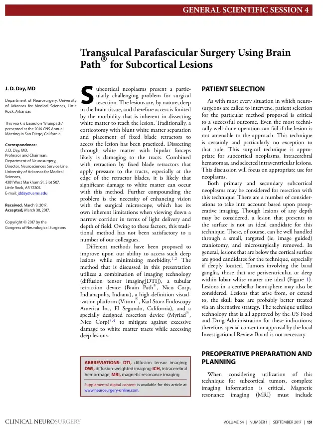 Transsulcal Parafascicular Surgery Using Brain Path for Subcortical Lesions