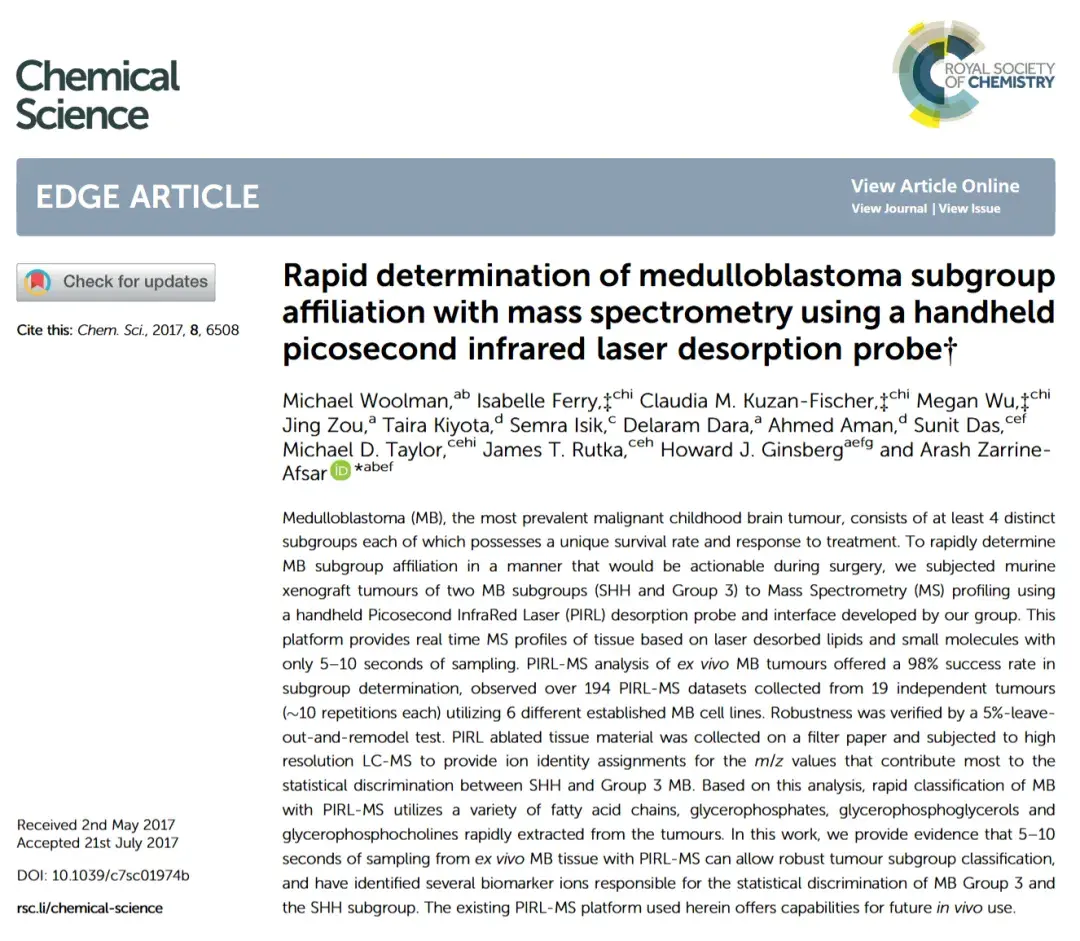 Rapid determination of medulloblastoma subgroup affiliation with mass spectrometry using a handheld picosecond infrared laser desorption probe