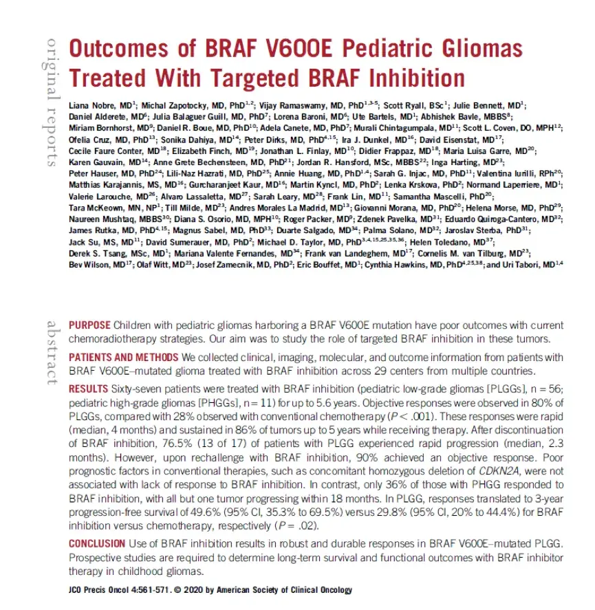 Outcomes of BRAF V600E Pediatric Gliomas Treated With Targeted BRAF Inhibition